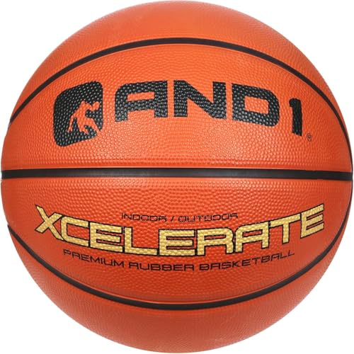 AND1 Xcelerate Rubber Basketball: Game Ready, Official Regulation Size 7 (29.5”) Streetball, Made for Indoor/Outdoor Basketball Games- Classic Collection (Orange)