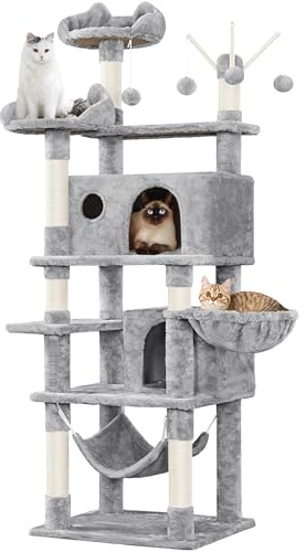 Yaheetech Arbre à Chat Multiniveau Hauteur 170cm Tour de Jeux Maison pour Chat avec Poteaux en Sisal 2 Niches Spacieuses Hamac Panier Jouets Amovibles Boules avec Clochette Gris Clair