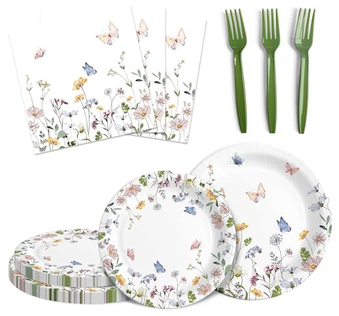 AUDREE Party Plates and Napkins, Wildflower 96 Pack - Set for 24 Guests