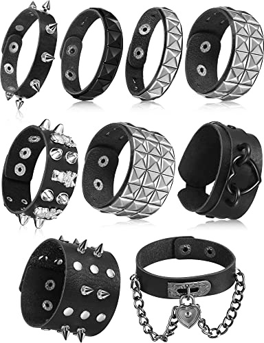 Hicarer 9 Pcs Spiked Studded Bracelet Black Leather Rivet Punk Bracelet Y2k Cuff Wrap Bangle Snap Button Wristband Men Women(Cool Style)