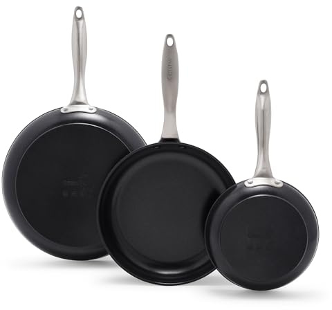 GreenPan Black 3 Piece Frying Pan Skillet Set, 8”, 10”, and 12”, Healthy Ceramic Nonstick PFOA and PFAS-Free, Hard Anodized, Stainless Steel Handles, Oven Safe