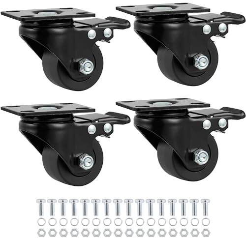 Finnhomy 2 Inch Caster Wheels Set of 4 Heavy Duty Low Profile Plate Swivel Casters with Brake Premium Solid Nylon Wheels 2,200 Lb Anti-wear Lockable Furniture Caster Sturdy for Toolbox Workbench Black