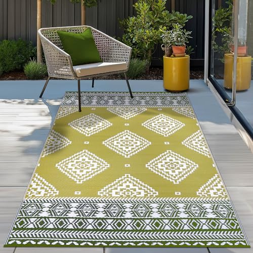 Green Decore Reversible Recycled Plastic Outdoor Rugs | Perfect for Garden, Patio, Picnic, Decking | Stain And Water Resistant | Venice Golden Green and Deep Forest Green, 120 x 180 cm