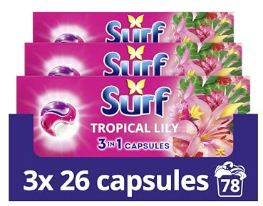 Surf 3 in 1 Tropical Lily Laundry Washing Detergent Capsules 78 washes (3x 26) joy-infused fragrance with natural essential oils lasting up to 12 hours in wear for brilliantly clean results
