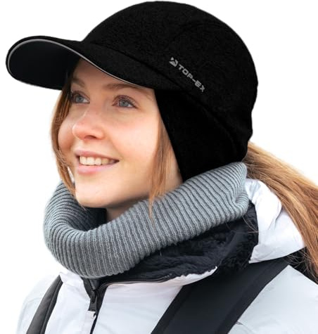 TOP-EX ChicPony™ M/L/XL Water-Repellent Winter Baseball Cap with Ear Cover for Women Running Beanie Hat with Ponytail Hole Reflective Warm Fleece Lining Hat Cycling Gift Black L/XL