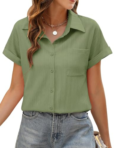 PASUDA Chemise Femme Haut Été Blouse Femme Chic et Élégant Manches Courtes Col en V Chemisier Tunique Tops avec Boutons Haut Décontractés T-Shirts D'été Ample Couleur Unie (Vert, XL)