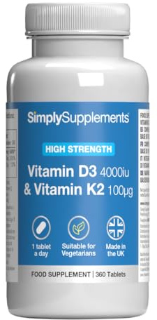 Vegetarian Vitamin D3 4000iu & Vitamin K2 100μg | Supports Bone, Muscle, & Immune Health | Potent One-a-Day Formula | 360 Easy-to-Swallow Tablets = 12-Months’ Supply | GMP-Certified & Made in The UK