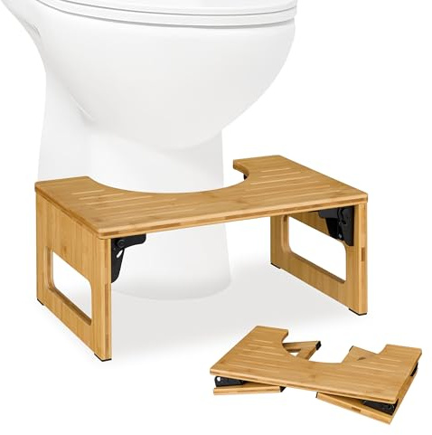 Relaxdays Sgabello per WC Bagno, Sgabellino Pieghevole da Toilette per Adulti, HxLxP: 18,5x43x27,5 cm, bambù, Naturale