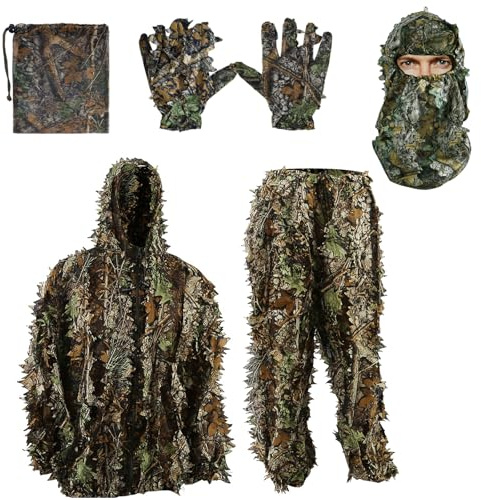 Zicac 5 Pcs Ghillie Suit, 3D Leaf Camouflage Uniform, Mask, Gloves, Storage Bag Set, Suitable for Outdoor Hunting, Wildlife Photography, CS Game, Ghillie Suits Suitable for Children