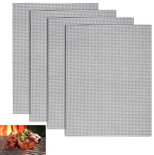 Grillmatte 40 × 30 cm, 4 Stück Antihaft Grillgitter und Grillmatte in Schwarz, Wiederverwendbar, Hitzebeständig Grillmatte für Gasgrill, Holzkohle, Elektrogrill, Luftfritteuse
