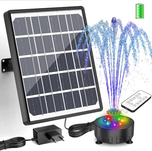 SUJFEE Buntes LED Solar Springbrunnen für Außen,8W Solar Wasserpumpe mit Akku und Gebührenpflichtig, DIY Solarbrunnen mit Fernbedienung und Feste Pfähle, mit 21 Effekte, für Garten,Teich,Wasserspiel