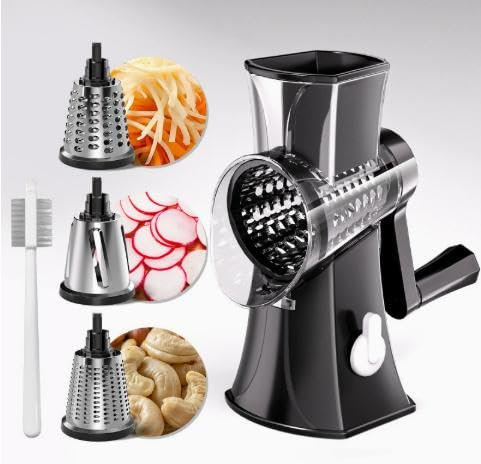 Râpe à Fromage Rotative En Acier Inoxydable Avec 3 Têtes De Rabot Et Support, Livrée Avec Pinceau, Râpe à Fromage Avec Manivelle Pour Parmesan, Légumes, Chocolat, Noix, Ail, Gingembre (Noir)