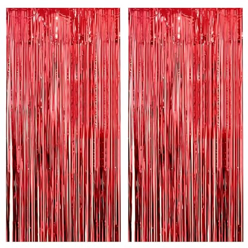 Red Tinsel Curtains 2 Pack, Red Foil Curtain Streamers 3.2 x 6.5ft, Glitter Backdrop Curtain Door Streamer for Christmas Backdrop Wedding RedBirthday Party Decorations Valentine's Day New Year