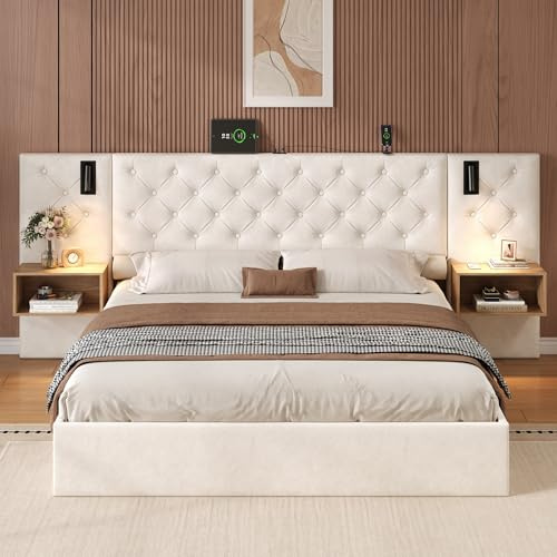 Upholstered Ottoman Bed, Hydraulic Storage Beds with Directional Lamp & USB Charging, 5ft King Size Bed Frame with Wide Headboard & Bedside Tables, Velvet Beige Gas Lift Up Beds With Storage & Slats