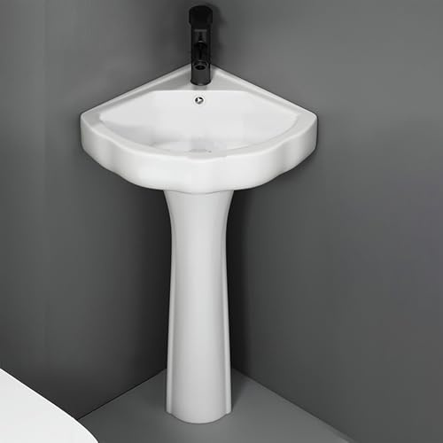 Lavabo d’angle sur colonne, Vasque triangulaire en céramique avec trop-plein et installation au sol, Fournie avec robinet et bonde, Idéal pour petites salles de bain