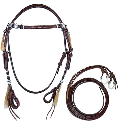 Brama West Bride western « Wyatt » - Bride en cuir élégante de style western classique - Avec coutures contrastées blanches, décor Rawhide & pompons en crin de cheval - Marron - Avec bride à fente