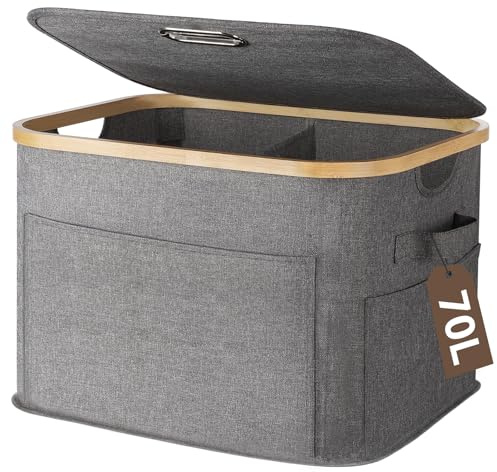 OUSFOT Cesto Ropa Sucia con Tapa 70L, Cubo Ropa Sucia con 2 Compartimentos, un Bolsillo Frontal Grande y un Asa Resistente, Laundry Basket Impermeable para Armario, Dormitorio, Lavadero, Baño