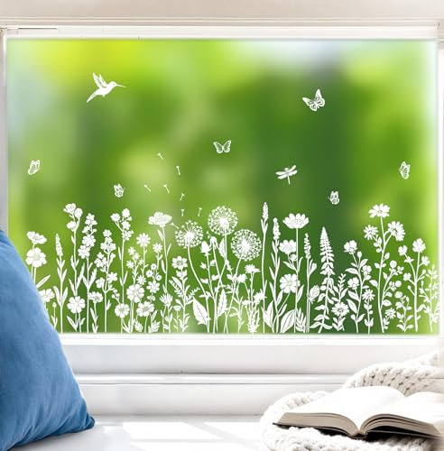 5 Sheets Wildflower Meadow Window Clings, Spring Summer Anti Collision Decals, Reusable Double Sided Floral Static Stickers for Home Glass Doors Mirrors