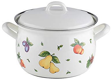 RIESS 0164-068 Meat Pot with lid 16, Country - Fruit Garden, Diameter 16 cm, Capacity 1,5 Litre, Height 16 cm, Enamel, White with Fruit Decoration, Induction