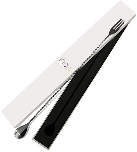 Kidia Bar Spoon Trident 40 cm – Cuillère à Mélange Professionnelle en Acier INOX 304 – Manche Torsadé & Pointe Trident – Stir & Strain, Cocktails, Mixing Glass – Étui Inclus