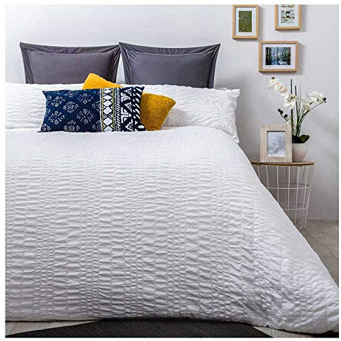 Seersucker White Duvet Cover Bedding for 90 cm Bed (150 x 220 cm) Bamboo Fabric, White with Zip Closure