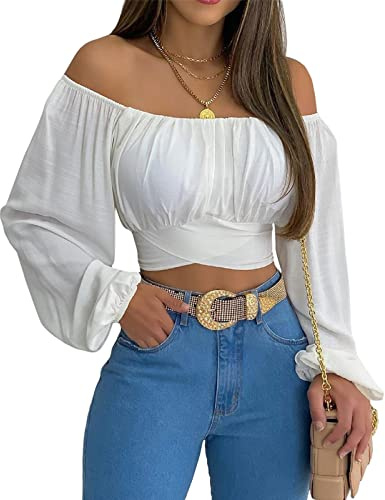 MIRACMODA Woman Off Shoulder Ruched Tie Back Crop Top Summer Lantern Sleeve Boho Shirt Blouse A-White