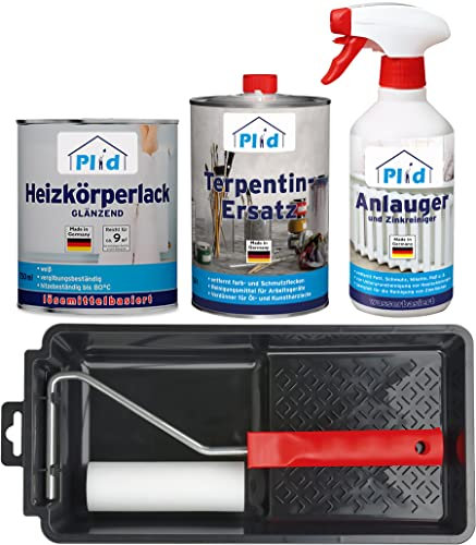 Plid® Heizkörperlack lösemittelhaltig Thermolack Metalllack Heizkörperfarbe Lack Farbe für heizkörperverkleidung schnelltrocknend 2in1 hitzebeständig 80° Glänzend Weiß Terpentin 0,75l - Premium Set