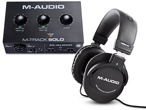 M-Audio M-track Solo + auriculares HDH40 - interfaz de audio USB, tarjeta de sonido con Auriculares de estudio de diseño cerrado para grabación y monitorización en estudio
