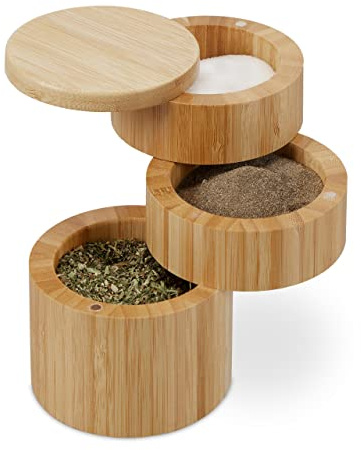 Relaxdays Saltbehållare med lock, 3 fack, bambu, vridbar kryddbehållare, H x D: 13 x 9 cm, magnetlås, natur