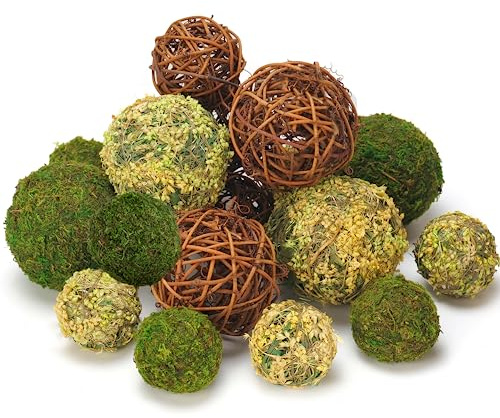 BYHER Decorative Balls for Centerpiece Bowls, 18pcs Fake Moss Balls + Wicker Rattan Balls Set Vase Bowl Filler for Home Garden Wedding Party Decor (Fresh Green + Rustic Brown)