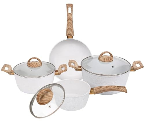 Gr8 Home Coconut 7 Piece Induction Non Stick Forged Aluminium Kitchen Cookware Set Cooking Pot Frying Pan Saucepan with Glass Lids