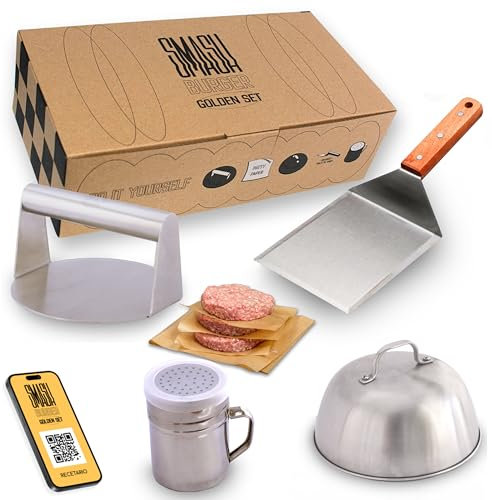 ADEGO Kit Smash Burger Professionale in Acciaio Inossidabile + QR con Ricettario - Prodotto Certificato UE Contatto con Alimenti - Set Smash Burger Professionale - Pressa per Hamburger