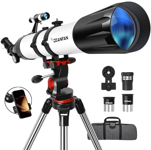 Dianfan Télescope,90 mm Ouverture 800 Telescope Astronomique Adulte,32X-240X Portable Réfracteur Télescopes pour Enfants et Débutants avec Adaptateur, Monture AZ et Trépied en INOX,Sac de Transport