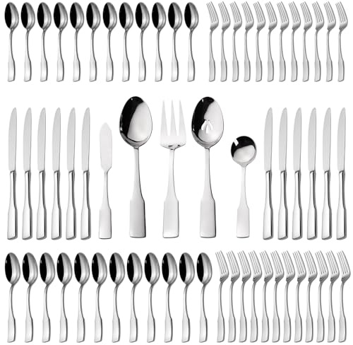 Alata Kate 65-Piece Silverware With Utensil-Serving Set, Service for 12, Stainless Steel Flatware, Mirror Polished Cutlery, Dishwasher Safe