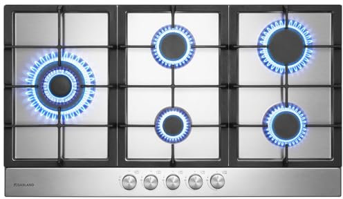 GASLAND GH2905SS1FC 87cm Einbau Gaskochfeld Edelstahl 5 Flammig, Einbau Autark Gaskochfeld mit 2 Stützen, LPG/Erdgas, Edelstahl Gasherd mit Wok Brenner, Butan-Gasherd, 10400 Watt