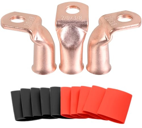 90° Pure Copper Cable Lugs 10pcs 2/0 AWG-3/8 90 Degree Bent Battery Lugs,Heavy Duty Wire Lugs,Ring Terminal,00 Guage terminals 90° Battery Cable Ends/Terminal Connectors with 10pcs 3:1 Heat Shrinks