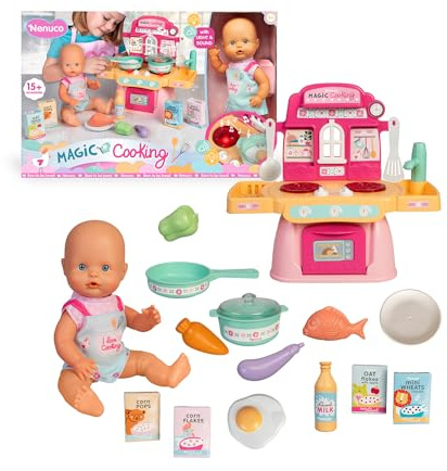 Nenuco - Cocinita Mágica, Muñeco de 30 cm con Cuerpo Duro, Incluye +10 Accesorios para Cocinar y Emplatar, Cocinita con Luces y Sonidos de Hervir y Freír, Delantal Personalizado, Famosa (NFNE3000)