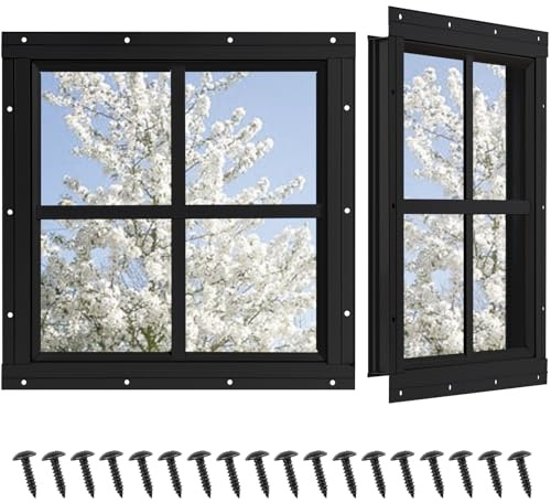 NOTASA Shed Windows 2 Pack, Chicken Coop Windows 12 x 12 with Tempered Glass, Square Gable Flush Mounted Small Window for Shed, Playhouse, Household, Garage (Black)