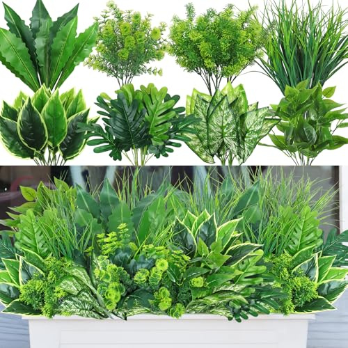 Dremisland 18PCS Artificial Plants Outdoor UV Resistant Fake Plants Faux Greenery Stems Bushes Ferns Decorative Artificial Grass Artificial Shrubs Foliage for Indoor Outside Front Porch Garden Window