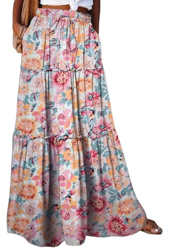 Happy Sailed Women's Maxi Skirt Summer High Elastic Waisted Boho Floral Printed Pleated A Line Flowy Long Skirt Beach Vacation Clothes for Women Trendy 2025 Yellow Small