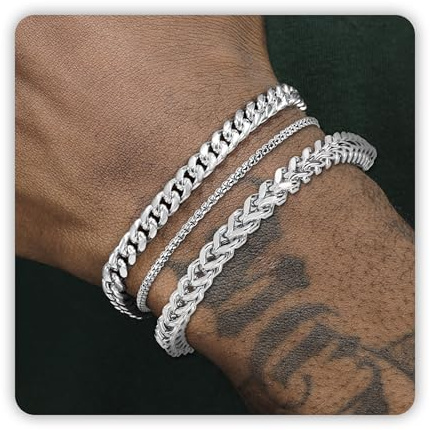 DAYANEY Mens Bracelet 9.0 Inches Silver Cuban, Box Franco Set Waterproof Stainless Steel Men Jewelry, Adjustable Bracelets for Men Birrthday Gifts for Him, Dad or Son Pulseras Para Hombre