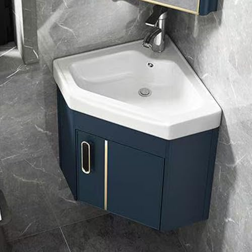 Hggdsac Lavabo de esquina de cerámica para esquina, Lavabo de Baño Montado en La Pared, Lavabo pequeño de esquina con borde fino, Aluminio espacial de (Azul/42x42x42cm)