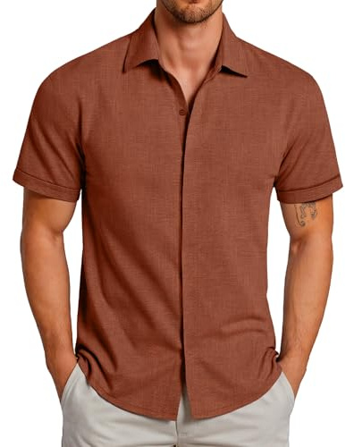 GLESTORE Chemise Homme Manches Courtes Chemisette Casual Confortable Chemises Regular Fit Marron Rouille XXL