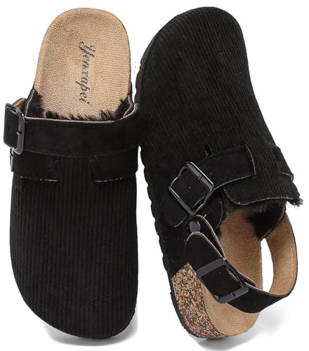 YorFotMae Suede Clogs for Women Faux Leather Fur lining Mules with Back Strap Cork Footbed Slippers Memory Foam Arch Support Sandals Slip On Comfort Warm Fuzzy Potato Shoes Men with Adjustable Buckle