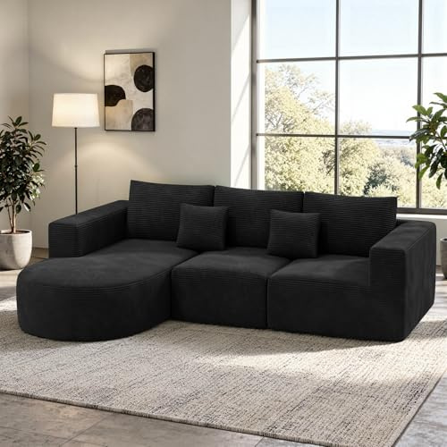 Hawthyhome Sofa mit Schlaffunktion rahmenloses Ecksofa L-Form Couch Installation-Free Cordstoff Ecksofa mit Links-Chaiselongue für Wohnzimmer 3 sitzer 264x177x59cm Schwarz