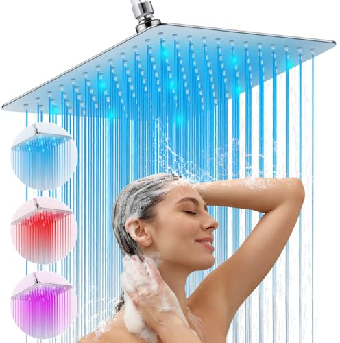 HUUKE Cabezal de ducha LED, cabezal de ducha grande iluminado de 12 pulgadas con luces que cambian de color y rótula de latón ajustable de 360°, cabezal de ducha fijo cuadrado de alta presión, acero
