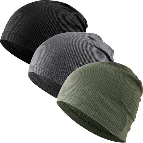 WTACTFUL Cooling Skull Cap for Men Women Breathable Running Caps Sweat Hat Skull Caps Thin Slouchy Beanie for Dreadlock Cycling Motorcycle Riding Hiking Helmet Liner Sport 3Pack Black Gray Deep-Green