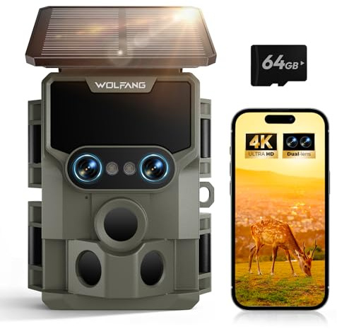 WOLFANG Fototrappola Solare 64MP 4K 30fps, Doppia Lente Wi-fi Bluetooth Fotocamera Caccia con Visione Votturna Stellata, 5000mAh Angolo di Rilevamento 120° Impermeabile IP66