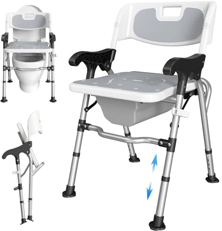 3-in-1 Shower Chair for Seniors, Foldable Bedside Commode, Height Adjustable Raised Toilet Seat with Removable Bucket, Padded Arms & Back Support for Elderly, Adults, 400 lbs Capacity (White)