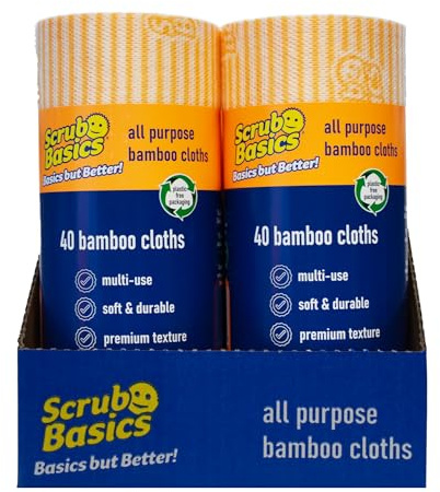 Scrub Basics - Panni multiuso in bambù, 6 rotoli ciascuno con 40 fogli, panni multiuso assorbenti per la pulizia in rotolo, morbidi per cucina, bagno e casa, prodotti per la pulizia durevoli